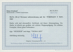 1863, 9 Kr., dunkelgraubraun, allseits sehr gut gezähnt, sauber mit ...