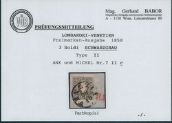 1859, Franz Joseph, 3 Soldi, schwarzgrau, Type II, auf Briefstück, ...
