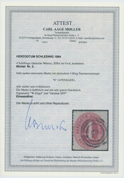 1864, 4 Sch., dän. Münze, karminrot, allseits sehr gut durchstochen ...