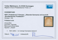 1868, Probedruck, Sitzende Germania, 3 Kreuzer, orangebraun, ...