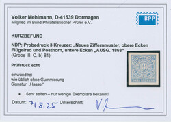1868, Probedruck auf ungummiertem Papier, neues Ziffernmuster mit ...