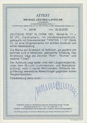 1900, China-Handstempel, 20 Pfg., lilaultramarin, auf Briefstück, ...