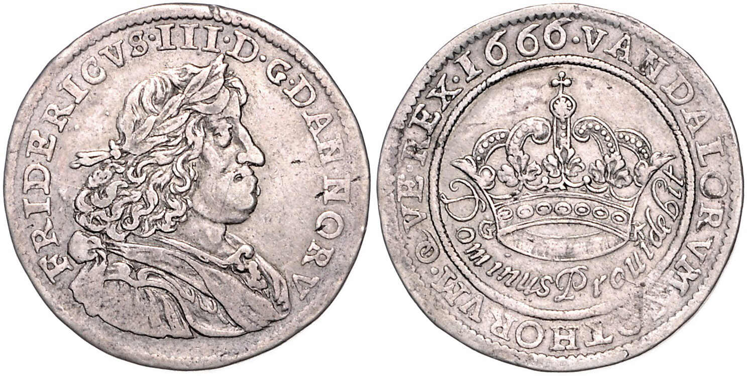 Frederik III., 1648-1670, 2 Mark (1/2 Krone) 1666 GK, Kopenhagen, ...