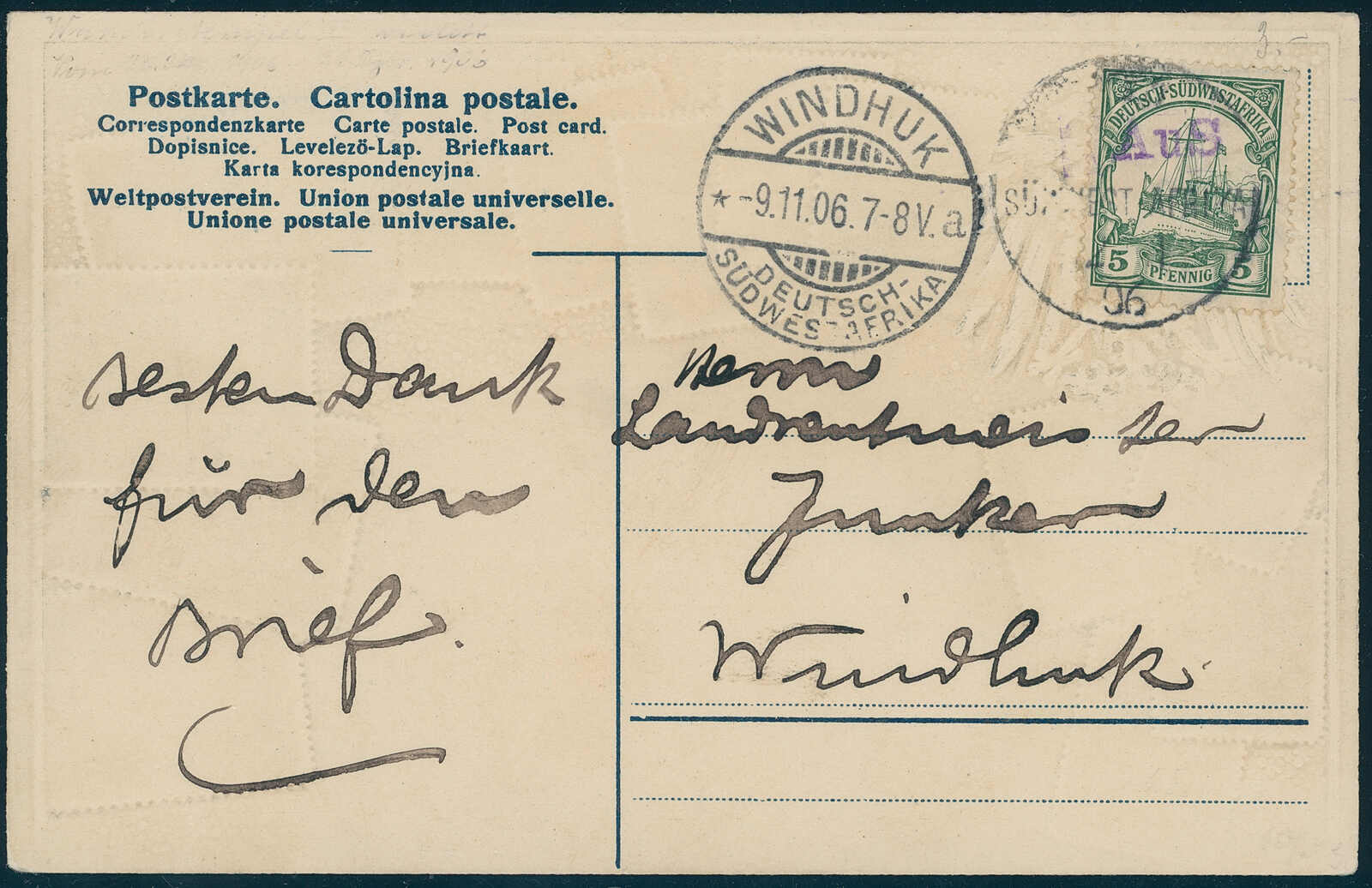 AUS, violetter Ortsname über Wanderstempel vom 2.11.06, voll auf ...