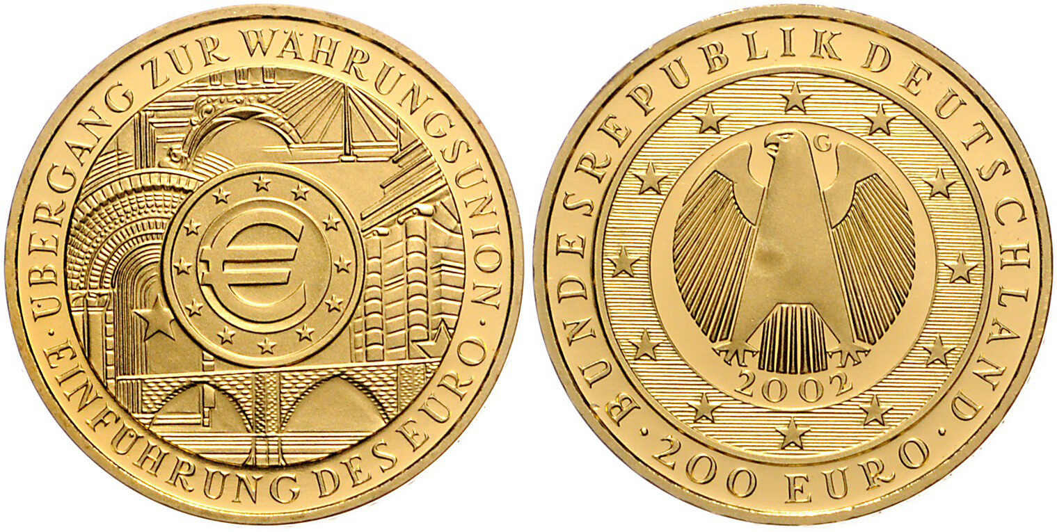 Einführung des Euro, 200 Euro, Gold, 2002 G (Karlsruhe), unberührt ...