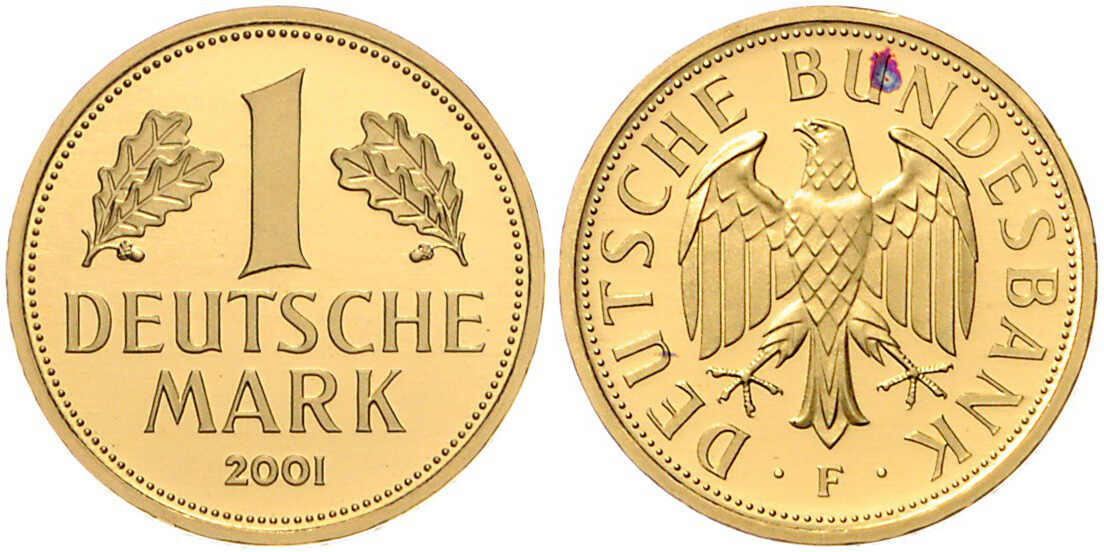 Goldene Abschiedsmark, 1 DM Gold, 2001 F (Stuttgart), unberührt in ...
