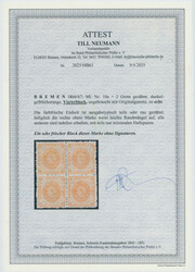 1867, 2 Gr., dunkelgelblichorange, Viererblock, rundum typisch rau ...