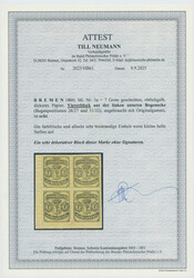 1860, 7 Gr., schwarz a. rötlichgelb, Viererblock aus der linken, ...