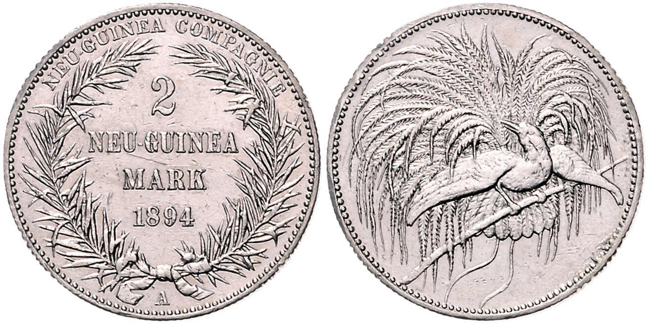 2 Neu-Guinea Mark, 1894 A, winzig randuneben, sehr schön ...