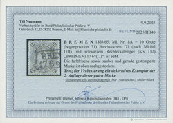 1863, 10 Gr., schwarz, oben nachgestochen, sonst allseits guter ...