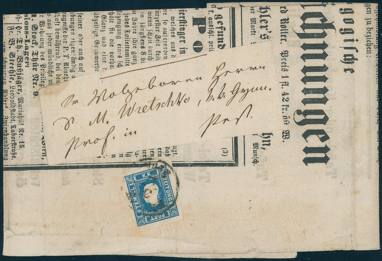 1858, Franz Joseph, Zeitungsmarke, (1,05) Kr., blau, Type I, allseits ...