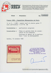 1930, Flugpost, 1,50 Fr., lilarot, mit Durchlochung "E.I.P.A.30" der ...