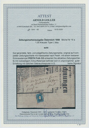 1858, Franz Joseph, Zeitungsmarke, (1,05) Kr., blau, Type I, allseits ...