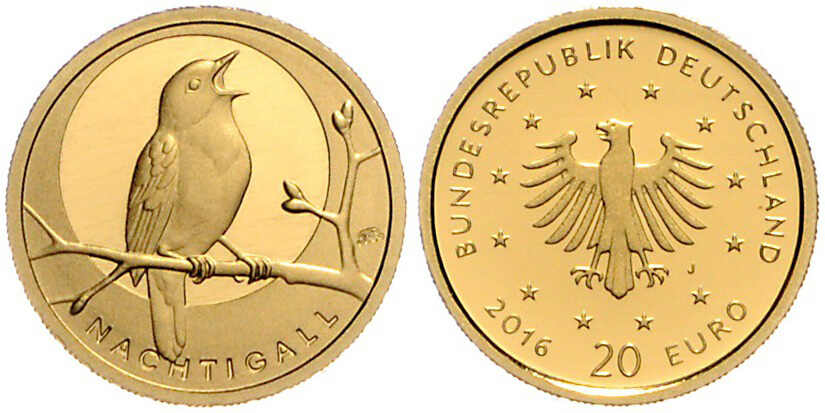 20 Euro, Gold, 2016 J (Hamburg), Heimische Vögel, Nachtigall, ...