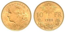 Vreneli, 10 Franken, Gold, 1922 B, vorzüglich.Automatically ...