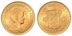 Wilhelmina, 1890-1948, 10 Gulden, Gold, 1913, Schlumberger 168, ...