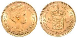 Wilhelmina, 1890-1948, 5 Gulden, Gold, 1912, Schlumberger 170, ...