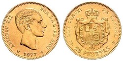 Alfons XII., 1874-1885, 25 Pesetas, 1877/1877 DE-M, Schlumberger 278, ...