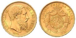 Leopold II., 1865-1909, 20 Francs, Gold, 1871, Schlumberger 21, sehr ...