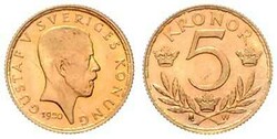 Gustav V., 1907-1950, 5 Kronor, Gold, 1920 W, Schlumberger 148, ...
