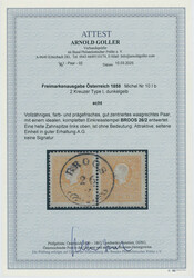1858, Franz Joseph, 2 Kr., dunkelgelb, Type I, waagerechtes Paar, ...