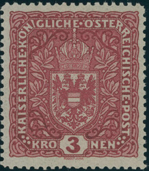 1916, Freimarke Wappen, 3 Kr., dunkelbräunlichkarmin, breites Format ...