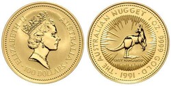 1991, Goldbarren-Münze Australian Nugget, 100 Dollars, 1 Unze ...