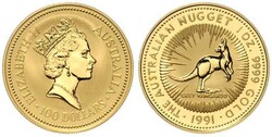1991, Goldbarren-Münze Australian Nugget, 100 Dollars, 1 Unze ...