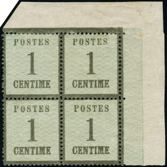 N° 1. 1c vert-bronze, bloc de 4ex, traces de charnières en marge ...