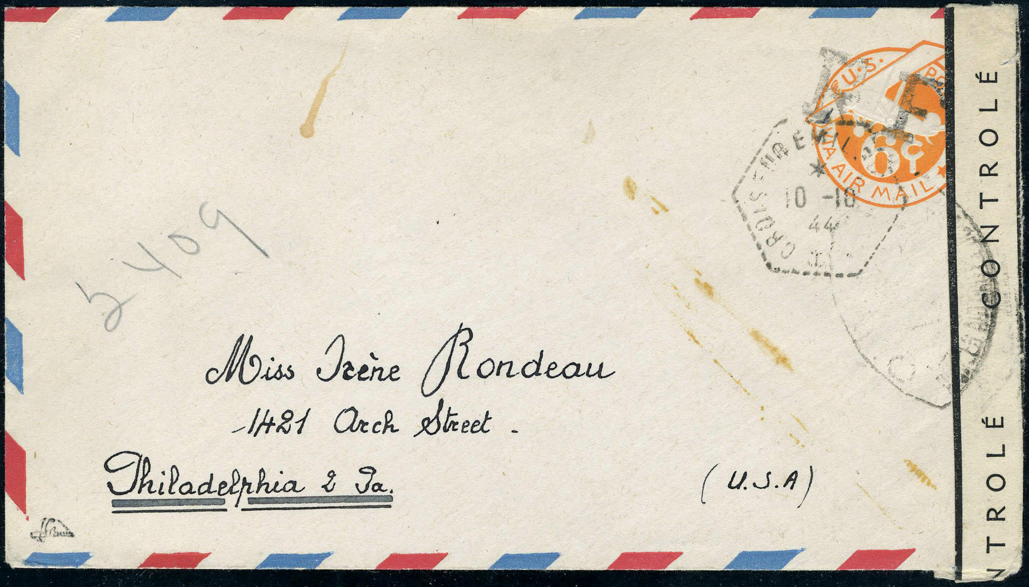 Entier Postal US à 6c orange RF, obl Croiseur Emile Bertin 10.10.44 ...