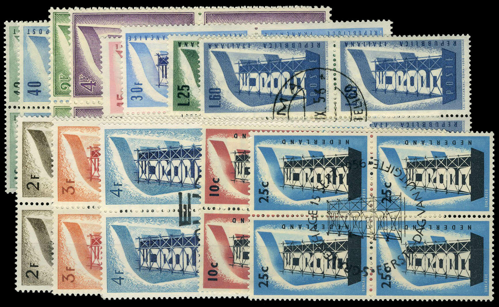 1956, Année complète, 13 val. en blocs de 4 avec oblitération ...