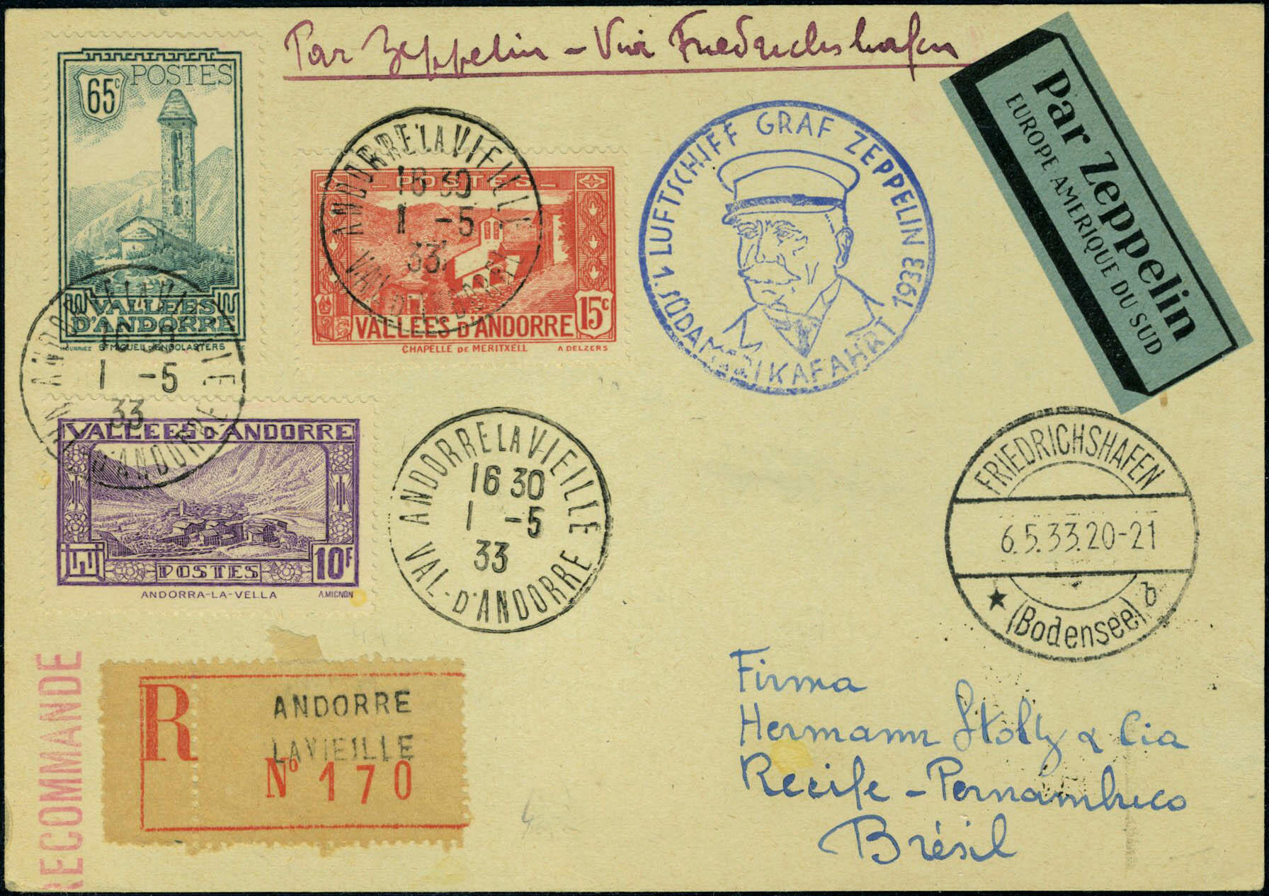 Zeppelin 1er S.A.F 1933 pour le Brésil, arrivée au verso, TB