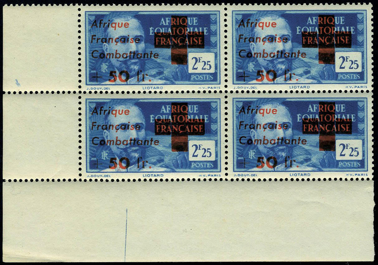 N° 165, 2.25 bleu surcharge + rouge en Bloc de 4, TB