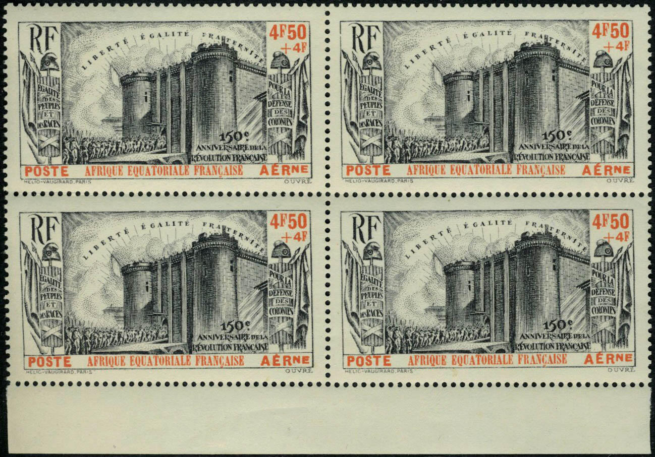 N° 9, 4F50 + 4F00, Révolution, bloc de 4, gomme coloniale, TB - ...