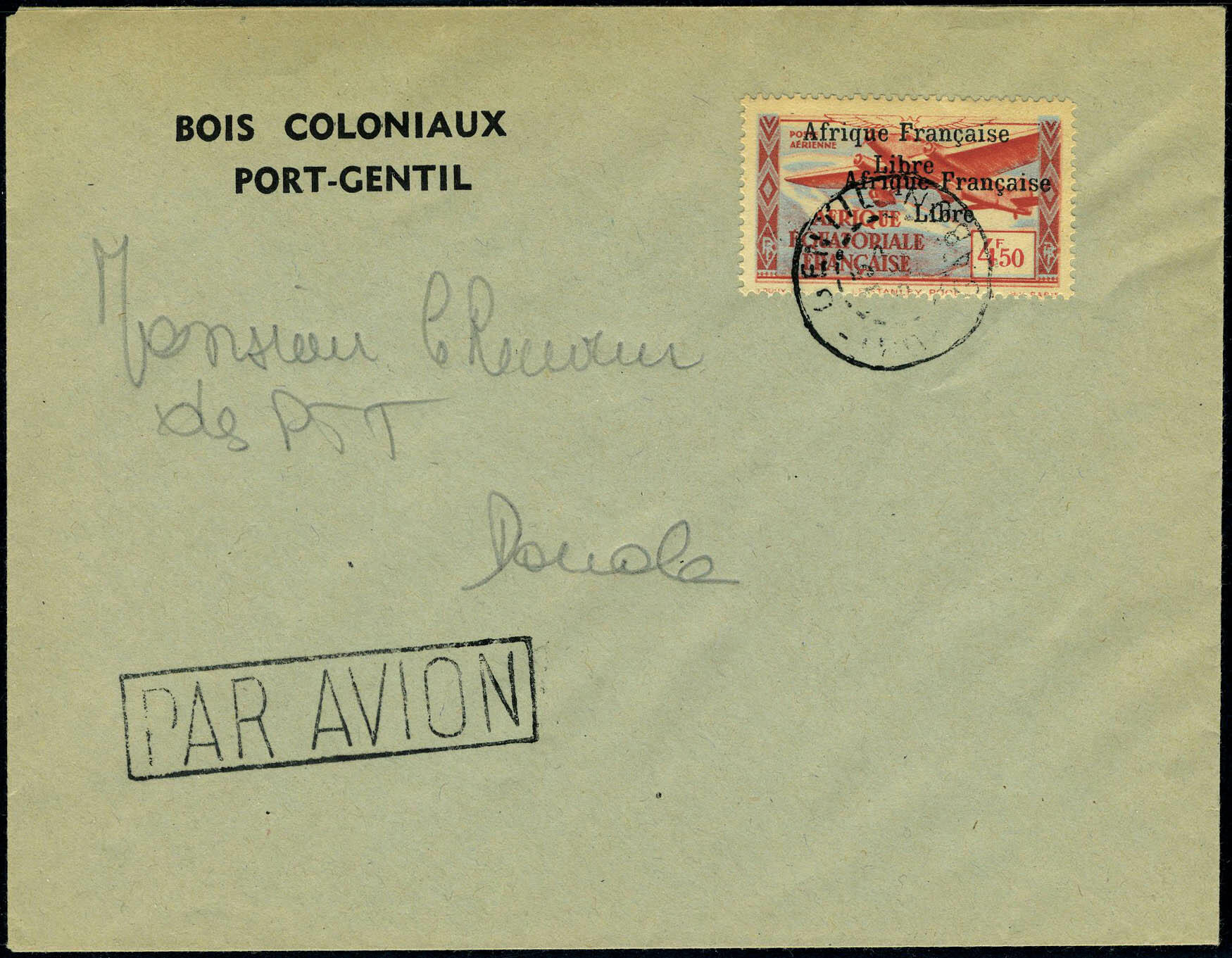 N° 17a, 4f50 Afrique Française Libre, surch. double s/L cachet Par ...