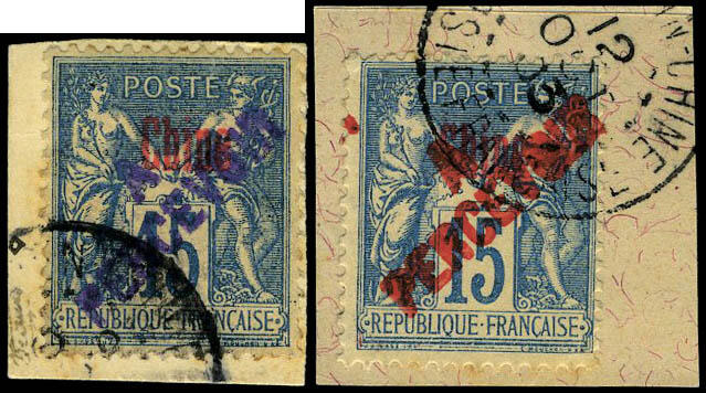 N° 15+15b, 15c bleu surcharge rouge et surcharge violette s/Frgt, TB ...