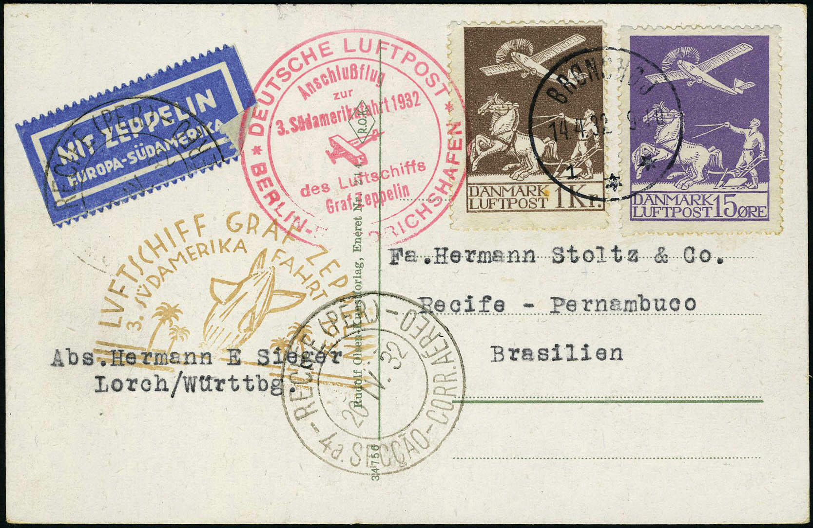 N° 2 + 5, sur CP illustrée Zeppelin 3 SAF 1932, càd Bronshoj 14.4 ...