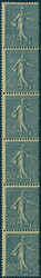 N° 7, 50c bleu Semeuse lignée, bande verticale de 6 dont 2 ex neufs ...