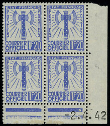 N° 7, 1f20 bleu, bloc de 4 CD 2.4.42, infime trace sur 1ex du haut T ...