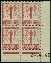 N° 8, 1.50 brun rouge bloc de 4 CD 24.4.42 T.B