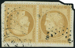 N° 36b, 10c bistre, paire tête bêche obl sur fragment, excellent ...