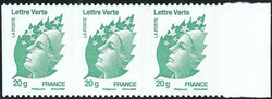 N° 608, 20g vert roulette, bande horizontale de 3 Non-dentelés sans ...