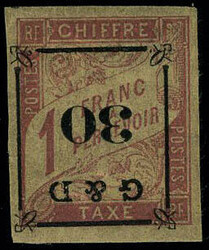 N° 14b, 30 sur 1f rose sur paille surcharge a renversée T.B. signé ...