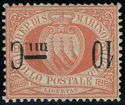 10 sur 20c rouge, type de surcharge modifiée. Sassone N° 10B, ...