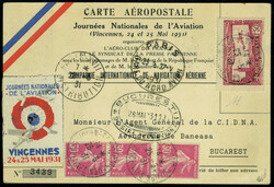 N° 6d, 1F50 EIPA rouge s/carte Aéropostale de Paris à Bucarest et ...
