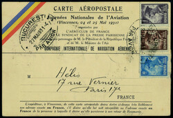 N° 6d, 1F50 EIPA rouge s/carte Aéropostale de Paris à Bucarest et ...