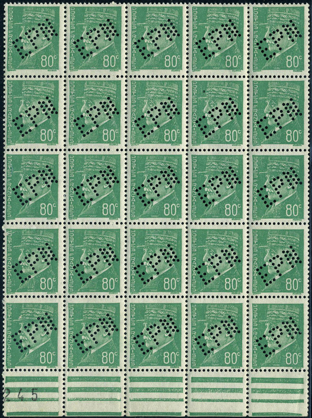 N° 513a, 80c Pétain perforé Expo Nancy, Bloc de 25 ex. avec cachet ...