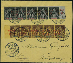 N° 1 + 2, 1 et 2c 2 bandes horizontales de 5 surcharge à cheval obl ...