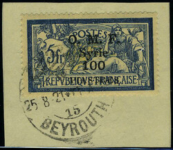 N° 44, 100pi sur 5f Merson surcharge noire, obl sur petit fragment, ...