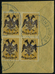 N° 2, 5pa bistre bloc de 4, surcharge violette obl sur fragment, T.B ...